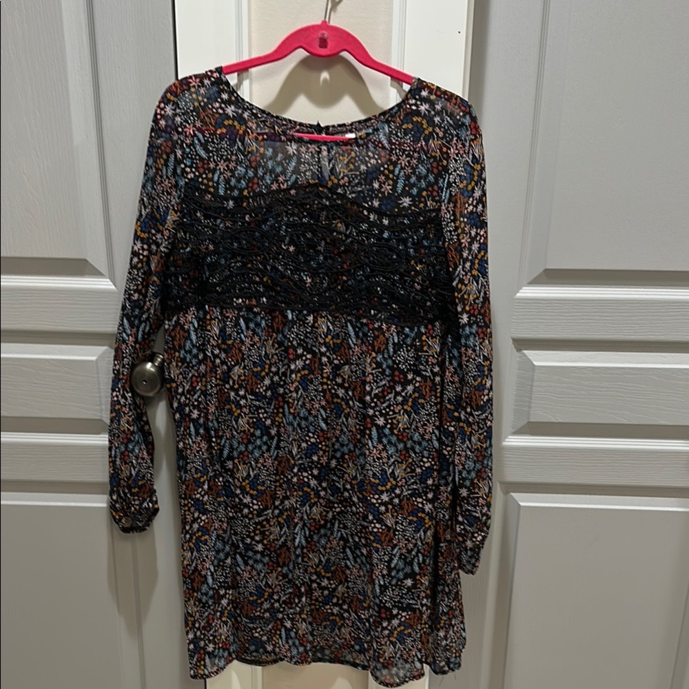 Black and Floral Pattern Relaxed Long Sleeve Sheath Dress Casual Work